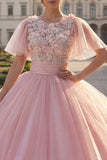 Ball Gown Round Neck Pink Appliqued Quinceanera Dress with Flutter Sleeves