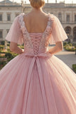 Ball Gown Round Neck Pink Appliqued Quinceanera Dress with Flutter Sleeves