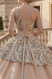 Sparkly Champagne Ball Gown One Shoulder Sequins Quinceanera Dress