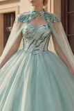 Sparkly Ball Gown Sweetheart Sequins Mint Green Quinceanera Dress with Cape