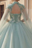 Sparkly Ball Gown Sweetheart Sequins Mint Green Quinceanera Dress with Cape