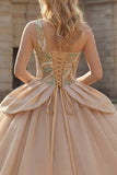 Sparkly One Shoulder Sequins Ball Gown Champagne Quinceanera Dress