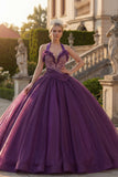 Dark Purple Halter Neck Ball Gown Beaded Quinceanera Dress with Ruffles
