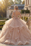 One Shoulder Champagne Ball Gown Beaded Quinceanera Dress with Ruffles