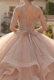 One Shoulder Champagne Ball Gown Beaded Quinceanera Dress with Ruffles