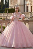 Pink Ball Gown Halter Neck Appliqued Quinceanera Dress with Flutter Sleeves