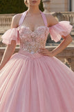Pink Ball Gown Halter Neck Appliqued Quinceanera Dress with Flutter Sleeves