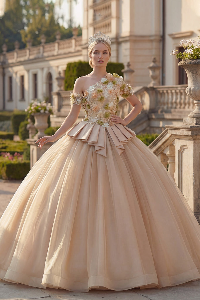 ZAPAKA Women Ball Gown Quinceanera Dress Champagne Floral One Shoulder