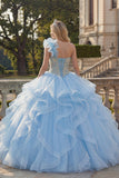 Ball Gown One Shoulder Sky Blue Appliqued Quinceanera Dress with Ruffles