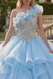 Ball Gown One Shoulder Sky Blue Appliqued Quinceanera Dress with Ruffles