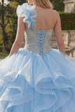 Ball Gown One Shoulder Sky Blue Appliqued Quinceanera Dress with Ruffles
