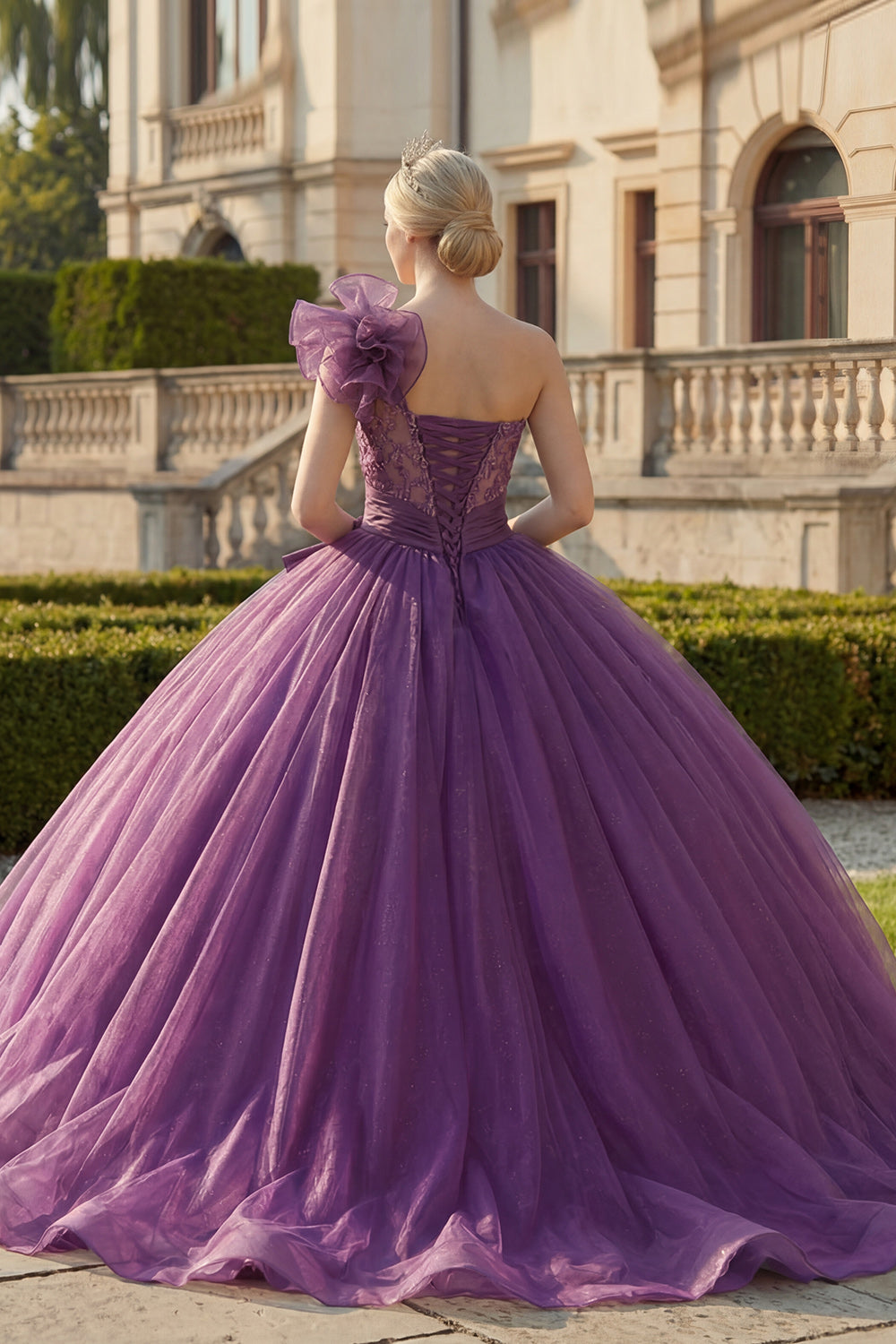 ZAPAKA Women Ball Gown Quinceanera Dress One Shoulder Dark Purple Sweet 16 Dress with Ruffles, Dark Purple / US26W