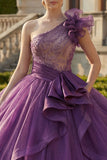 One Shoulder Ball Gown Dark Purple Quinceanera Dress with Ruffles