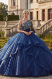 Navy One Shoulder Ball Gown Floral Quinceanera Dress with Ruffles