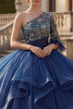 Navy One Shoulder Ball Gown Floral Quinceanera Dress with Ruffles