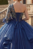Navy One Shoulder Ball Gown Floral Quinceanera Dress with Ruffles