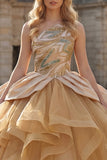 Sparkly One Shoulder Ball Gown Sequins Champagne Quinceanera Dress with Ruffles