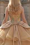 Sparkly One Shoulder Ball Gown Sequins Champagne Quinceanera Dress with Ruffles
