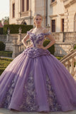 Off the Shoulder Ball Gown Purple Appliqued Ruched Quinceanera Dress