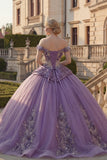 Off the Shoulder Ball Gown Purple Appliqued Ruched Quinceanera Dress