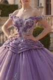 Off the Shoulder Ball Gown Purple Appliqued Ruched Quinceanera Dress