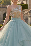 Sparkly Ball Gown Dusty Blue One Shoulder Sequins Ruffled Quinceanera Dress