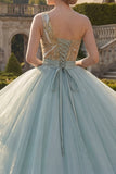 Sparkly Ball Gown Dusty Blue One Shoulder Sequins Ruffled Quinceanera Dress