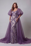 Purple Puff Sleeve Mermaid Pageant Dress with 3D Flowers