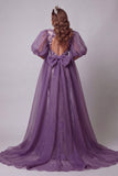 Purple Puff Sleeve Mermaid Pageant Dress with 3D Flowers