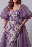 Purple Puff Sleeve Mermaid Pageant Dress with 3D Flowers