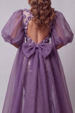 Purple Puff Sleeve Mermaid Pageant Dress with 3D Flowers
