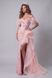 Off The Shoulder Pink Ruffled Pageant Dress with Side Cape