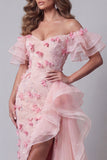 Off The Shoulder Pink Ruffled Pageant Dress with Side Cape