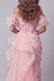Off The Shoulder Pink Ruffled Pageant Dress with Side Cape