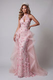 Halter Pink Ruffled Open Back Mermaid Pageant Dress