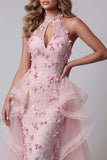 Halter Pink Ruffled Open Back Mermaid Pageant Dress