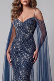 Cold Shoulder Navy Beaded Mermaid Pageant Dress