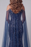 Cold Shoulder Navy Beaded Mermaid Pageant Dress