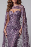 Purple Mermaid Sequin Pageant Dress with Cape