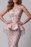 One Shoulder Blush Mermaid Sequin Pageant Dress with Tassel