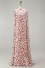 High Neck Blush Sequin Mermiad Beaded Long Pageant Dress with Long Sleeve