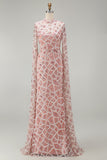 High Neck Blush Sequin Mermiad Beaded Long Pageant Dress with Long Sleeve