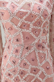 High Neck Blush Sequin Mermiad Beaded Long Pageant Dress with Long Sleeve