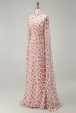 High Neck Blush Sequin Mermiad Beaded Long Pageant Dress with Long Sleeve