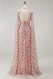 High Neck Blush Sequin Mermiad Beaded Long Pageant Dress with Long Sleeve