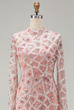 High Neck Blush Sequin Mermiad Beaded Long Pageant Dress with Long Sleeve