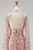 High Neck Blush Sequin Mermiad Beaded Long Pageant Dress with Long Sleeve
