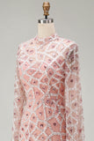 High Neck Blush Sequin Mermiad Beaded Long Pageant Dress with Long Sleeve
