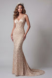 Champagne Sequin Mermaid V Neck Pageant Dress