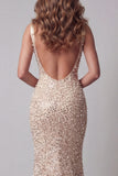 Champagne Sequin Mermaid V Neck Pageant Dress